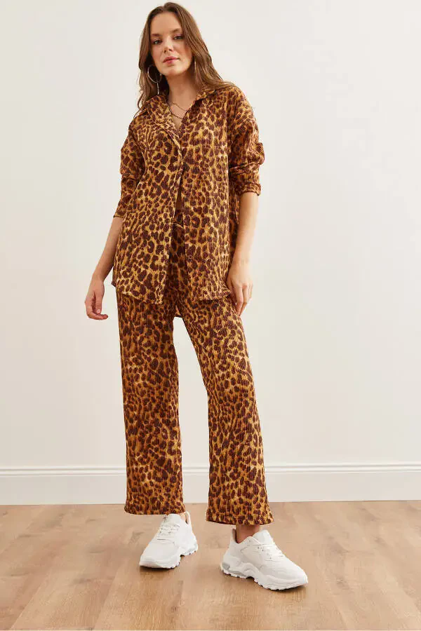 Women's Leopard Coffee Top Pants Thickening Fleece Suit - 2