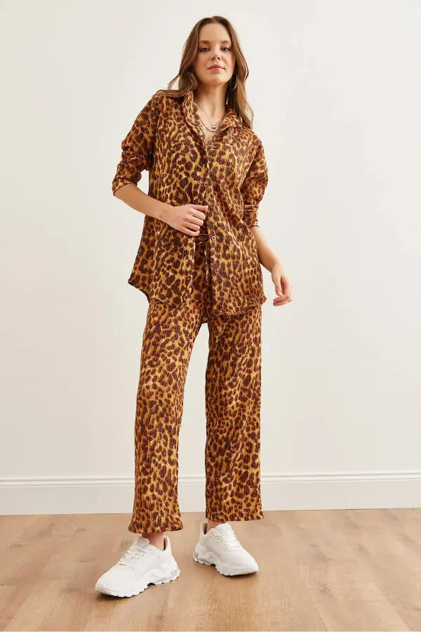 Women's Leopard Coffee Top Pants Thickening Fleece Suit - 3