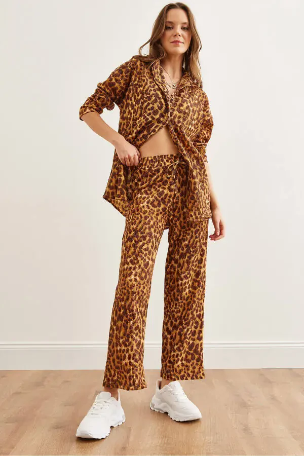 Women's Leopard Coffee Top Pants Thickening Fleece Suit - 4