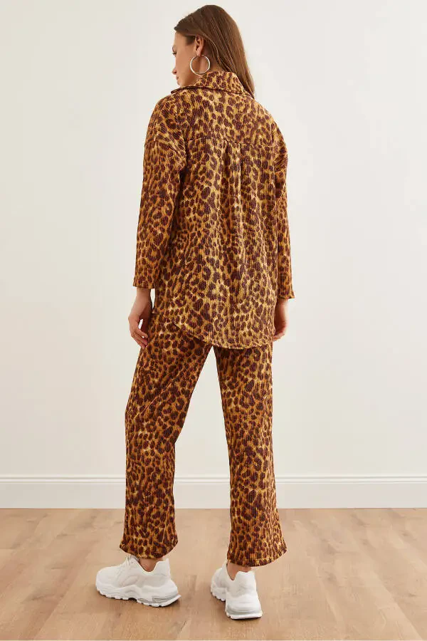 Women's Leopard Coffee Top Pants Thickening Fleece Suit - 6
