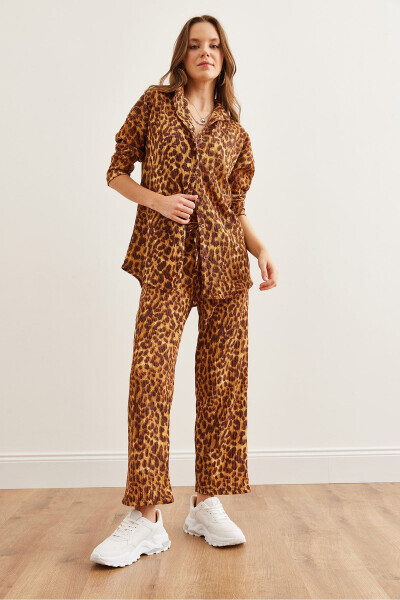 Women's Leopard Coffee Top Pants Thickening Fleece Suit - 3