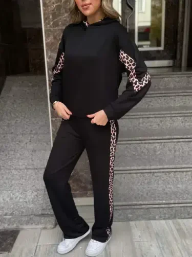 Women's Leopard Detail Hoodie Sweatshirt and High Waist Leopard Striped Wide Leg Pants Set - 3