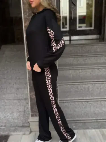 Women's Leopard Detail Hoodie Sweatshirt and High Waist Leopard Striped Wide Leg Pants Set - 4