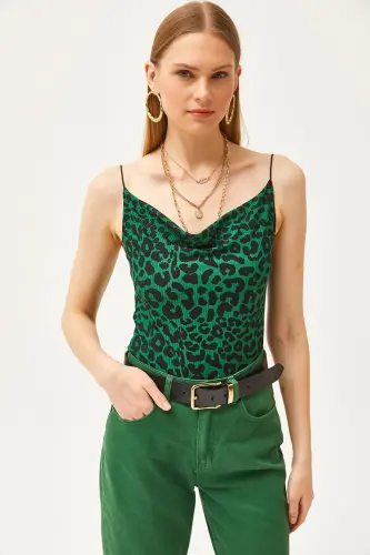 Women's Leopard Emerald Green Cowl Neck Spaghetti Strap Blouse BLZ-19000987 - Leopard Emerald Green - 2
