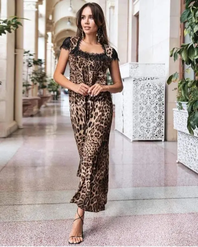Women's Leopard Print Lace Jesica Fabric Maxi Dress - 1