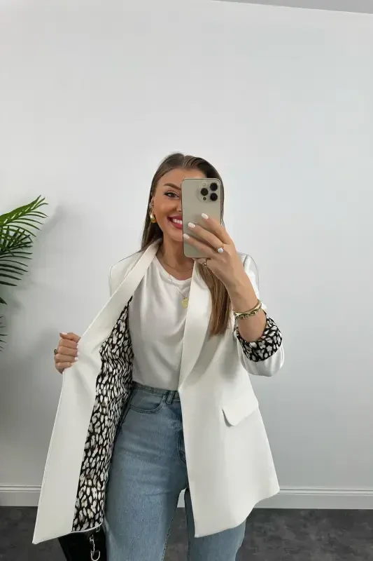 Women's Leopard Print Lined Blazer Jacket - 2