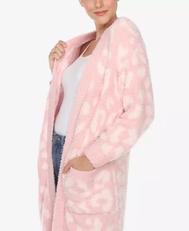 Women's Leopard Print Open Front Sherpa Cardigan - 5