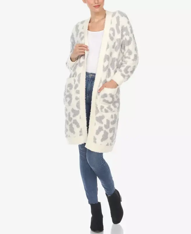 Women's Leopard Print Open Front Sherpa Cardigan-Beige - 1