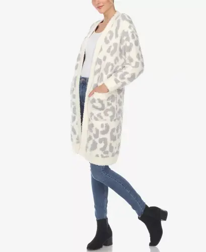 Women's Leopard Print Open Front Sherpa Cardigan-Beige - 3