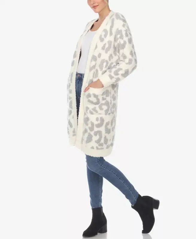 Women's Leopard Print Open Front Sherpa Cardigan-Beige - 3