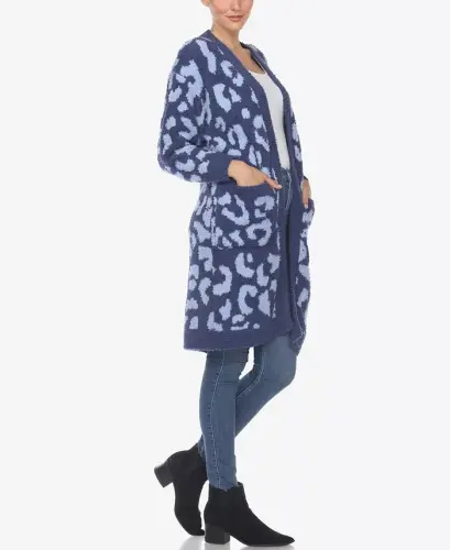 Women's Leopard Print Open Front Sherpa Cardigan-Navy, Light Blue - 3