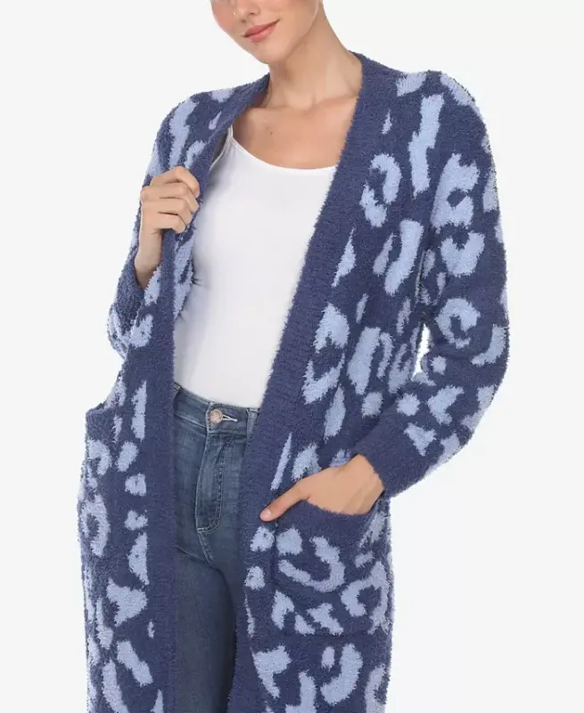 Women's Leopard Print Open Front Sherpa Cardigan-Navy, Light Blue - 4