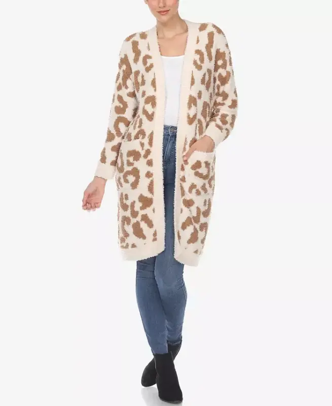 Women's Leopard Print Open Front Sherpa Cardigan-Tan Leopard - 1