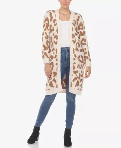 Women's Leopard Print Open Front Sherpa Cardigan-Tan Leopard - 3