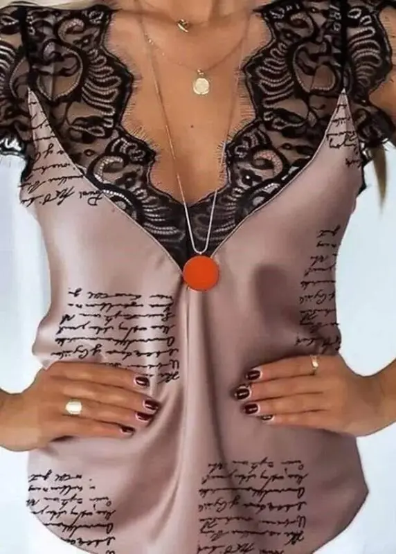 Women's Letter Pattern Lace Detail Micro Fabric Blouse - 1