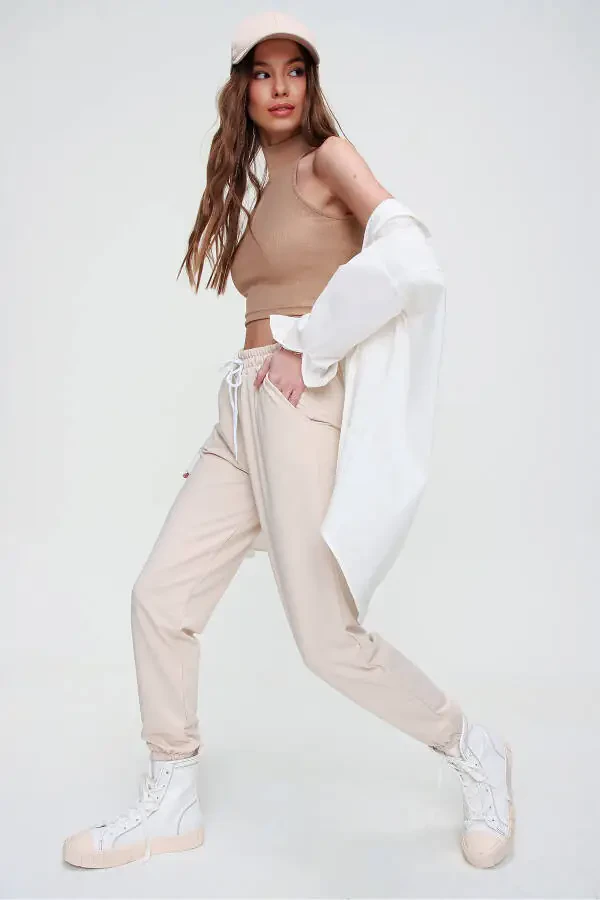 Women's Light Beige Basic Jogger Pants with Elastic Waist and Cuffs ALC-X5902 - 1