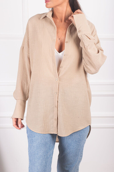 Women's Light Beige Oversized Textured Linen Look Wide Sleeve Shirt ARM-24K001001 - 3