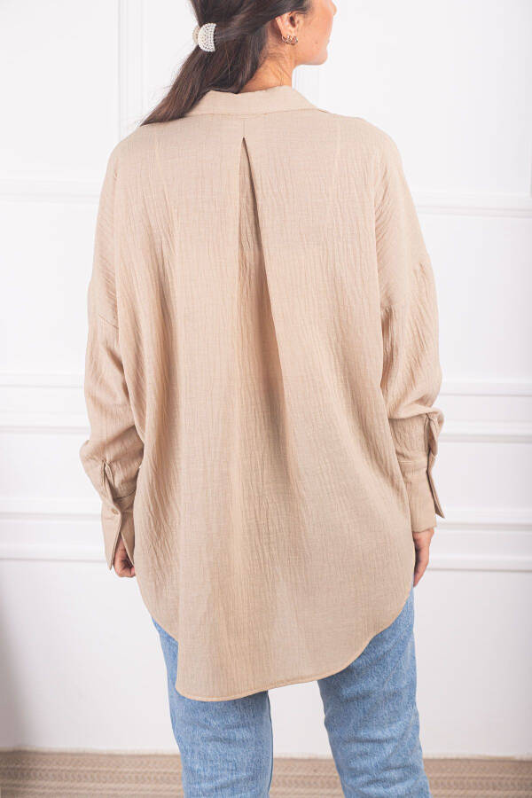 Women's Light Beige Oversized Textured Linen Look Wide Sleeve Shirt ARM-24K001001 - 5