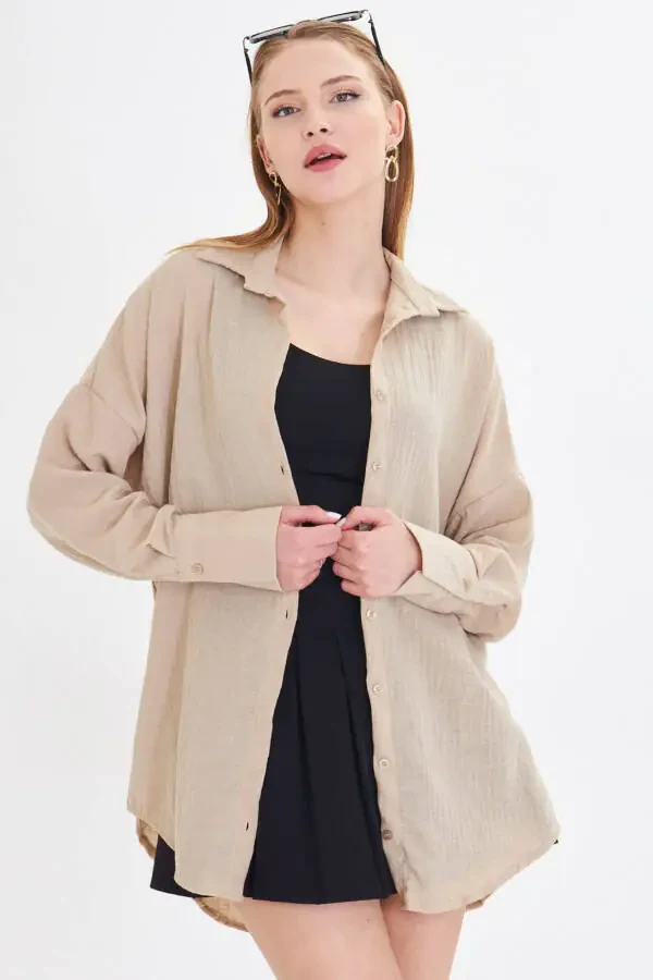 Women's Light Beige Oversized Textured Linen Look Wide Sleeve Shirt ARM-24K001001 - 1