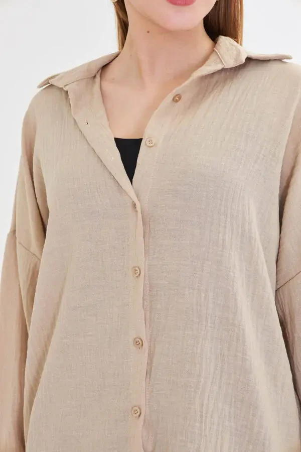 Women's Light Beige Oversized Textured Linen Look Wide Sleeve Shirt ARM-24K001001 - 2