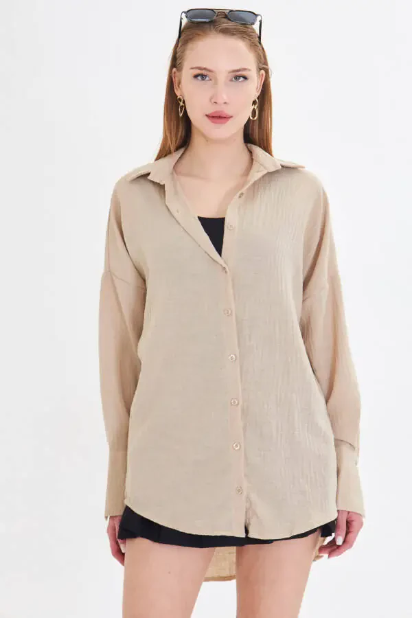 Women's Light Beige Oversized Textured Linen Look Wide Sleeve Shirt ARM-24K001001 - 3
