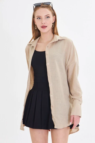 Women's Light Beige Oversized Textured Linen Look Wide Sleeve Shirt ARM-24K001001 - 4