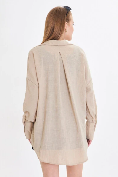 Women's Light Beige Oversized Textured Linen Look Wide Sleeve Shirt ARM-24K001001 - 5