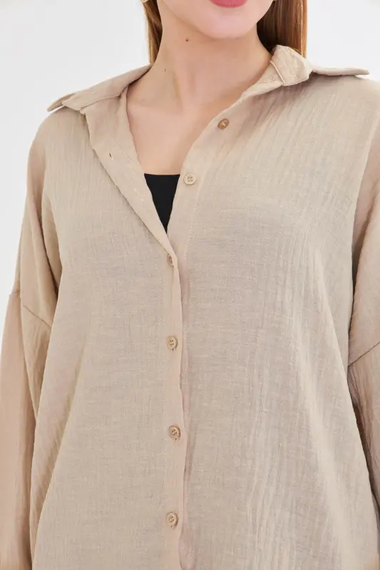 Women's Light Beige Oversized Textured Linen Look Wide Sleeve Shirt ARM-24K001001 - 3