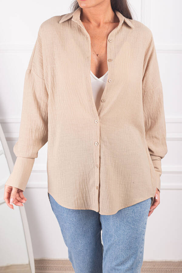 Women's Light Beige Oversized Textured Linen Look Wide Sleeve Shirt ARM-24K001001 - 9