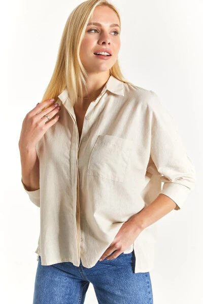 Women's Light Beige Pocket Loose Linen Shirt Arm-21y001035 - ARMONIKA