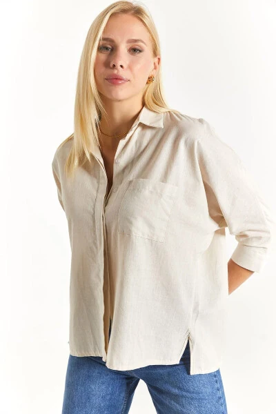 Women's Light Beige Pocket Loose Linen Shirt Arm-21y001035 - ARMONIKA (1)