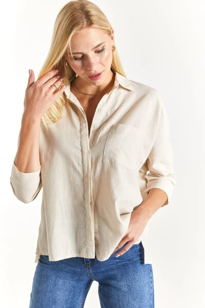 Women's Light Beige Pocket Loose Linen Shirt Arm-21y001035 - 3