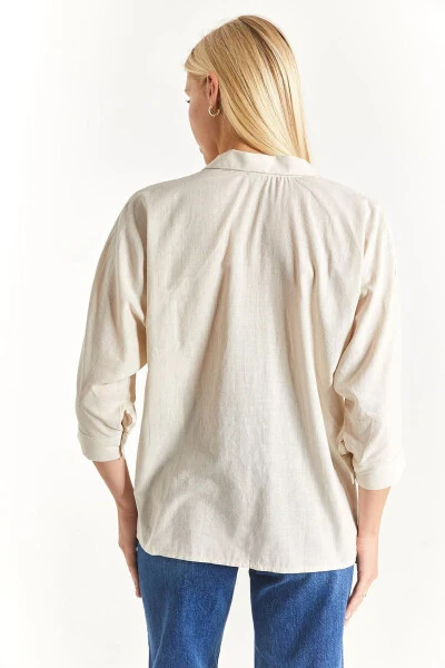 Women's Light Beige Pocket Loose Linen Shirt Arm-21y001035 - 4