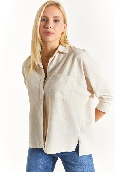 Women's Light Beige Pocket Loose Linen Shirt Arm-21y001035 - 6