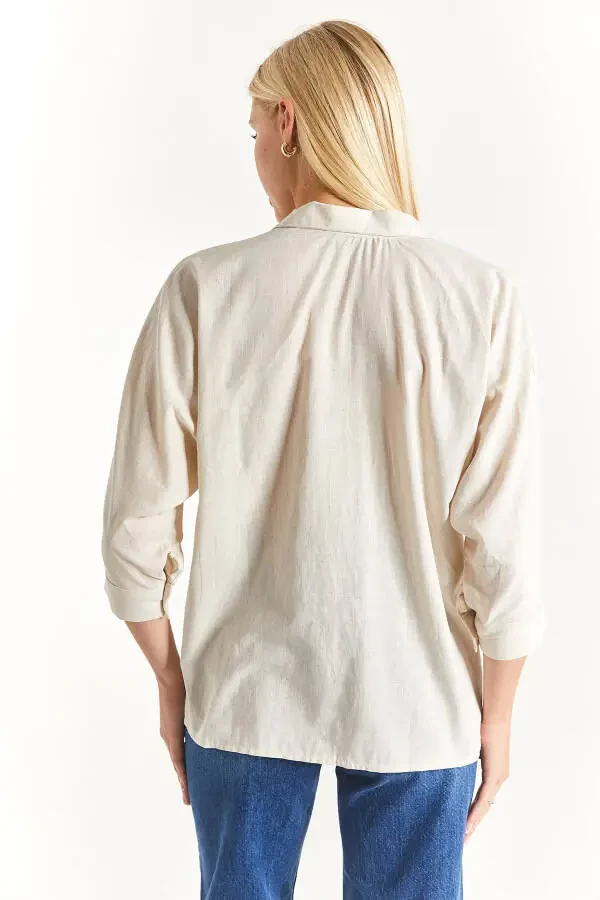 Women's Light Beige Pocket Loose Linen Shirt Arm-21y001035 - 8