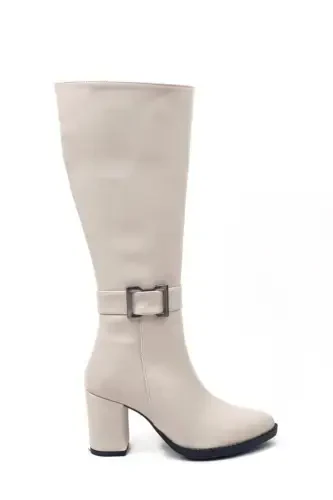 Women's Light Beige Zippered. Below Knee High Heel Boots-LIGHT BEIGE - 1