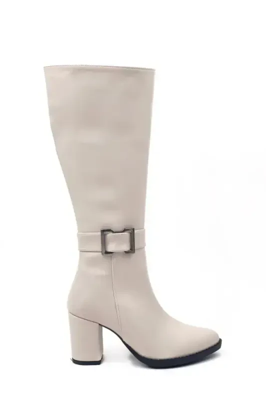 Women's Light Beige Zippered. Below Knee High Heel Boots-LIGHT BEIGE - 1