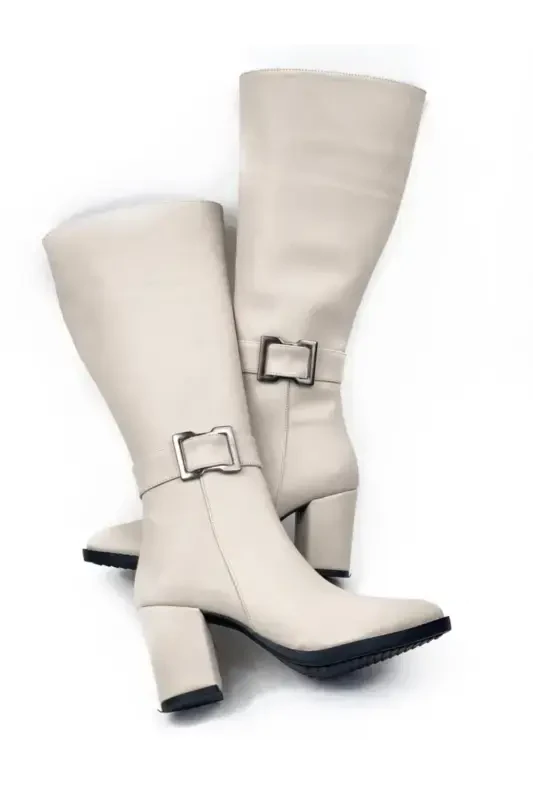 Women's Light Beige Zippered. Below Knee High Heel Boots-LIGHT BEIGE - 2