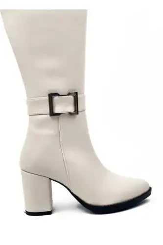 Women's Light Beige Zippered. Below Knee High Heel Boots-LIGHT BEIGE - 3