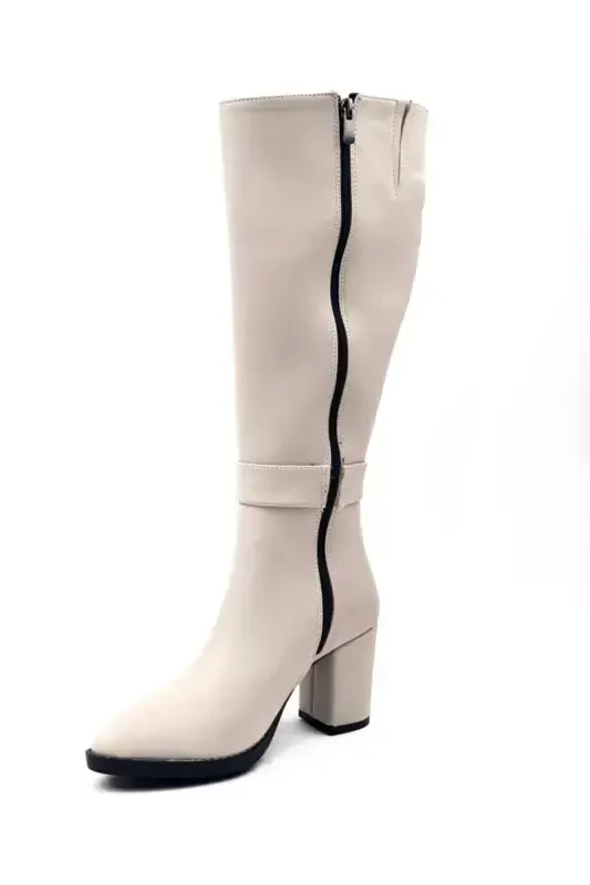 Women's Light Beige Zippered. Below Knee High Heel Boots-LIGHT BEIGE - 4
