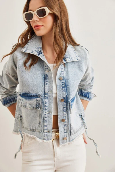 Women's Light Blue Double-Breasted Tassel Denim Jacket CKT-19000378 - OLALOOK