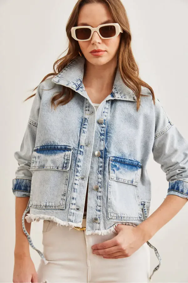 Women's Light Blue Double-Breasted Tassel Denim Jacket CKT-19000378 - 2