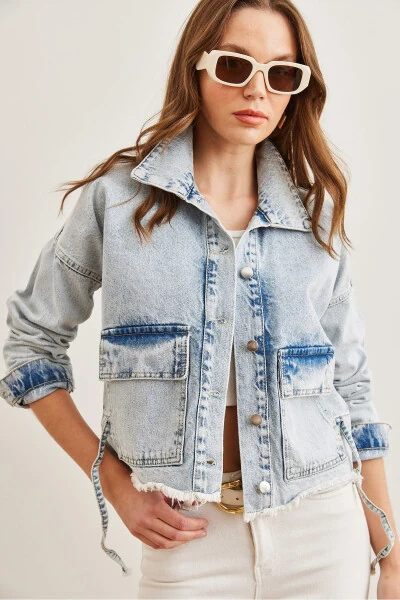 Women's Light Blue Double-Breasted Tassel Denim Jacket CKT-19000378 - 3