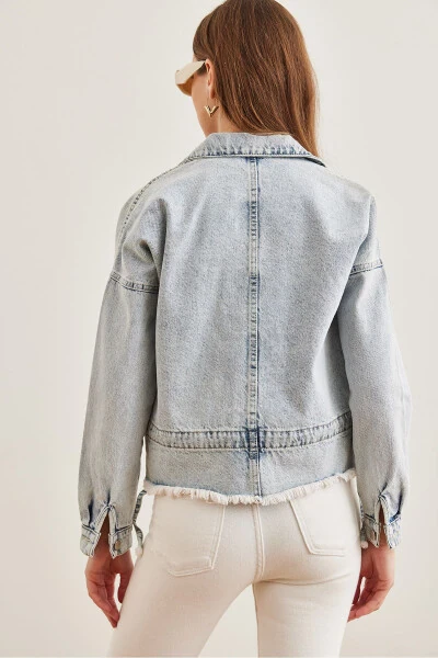 Women's Light Blue Double-Breasted Tassel Denim Jacket CKT-19000378 - 6