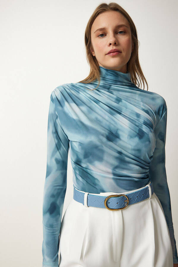 Women's Light Blue Draped Stand Collar Sandy Blouse FF00138 - 1