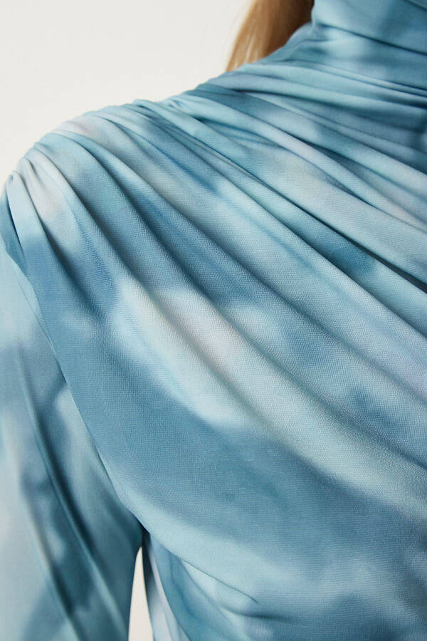 Women's Light Blue Draped Stand Collar Sandy Blouse FF00138 - 5