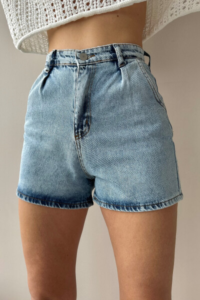 Women's Light Blue High Waist Pleated Four Pocket Jean Shorts ALC-X9963 - 2