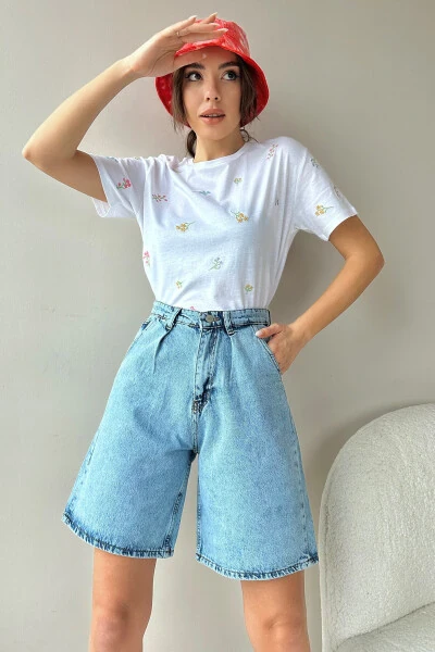 Women's Light Blue High Waist Wide Leg Bermuda Denim Shorts ALC-X8174 - 3