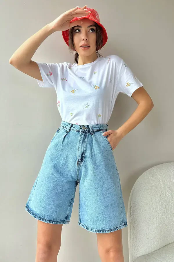 Women's Light Blue High Waist Wide Leg Bermuda Denim Shorts ALC-X8174 - 3