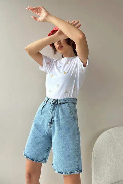 Women's Light Blue High Waist Wide Leg Bermuda Denim Shorts ALC-X8174 - 4